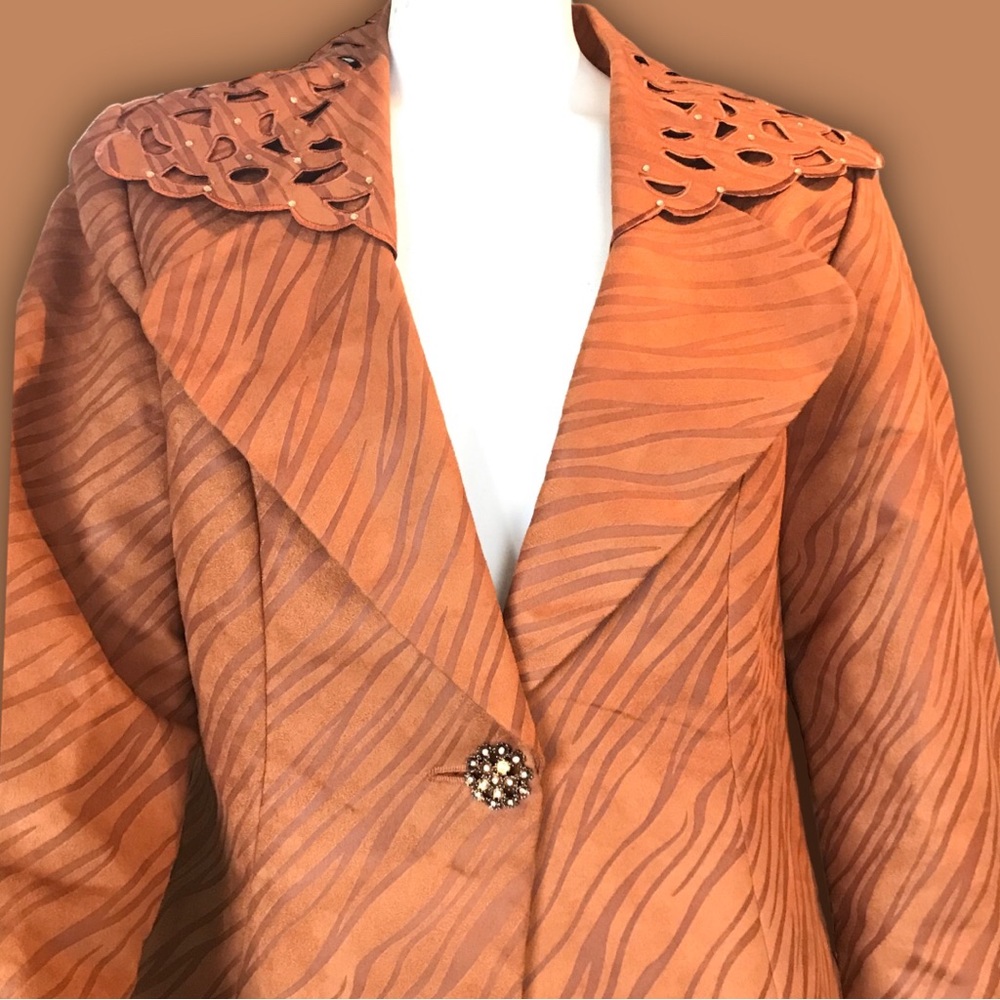 Embellished Animal Print Faux Suede Laser Cut Blazer & Skirt Matching Set - Picture 5 of 16